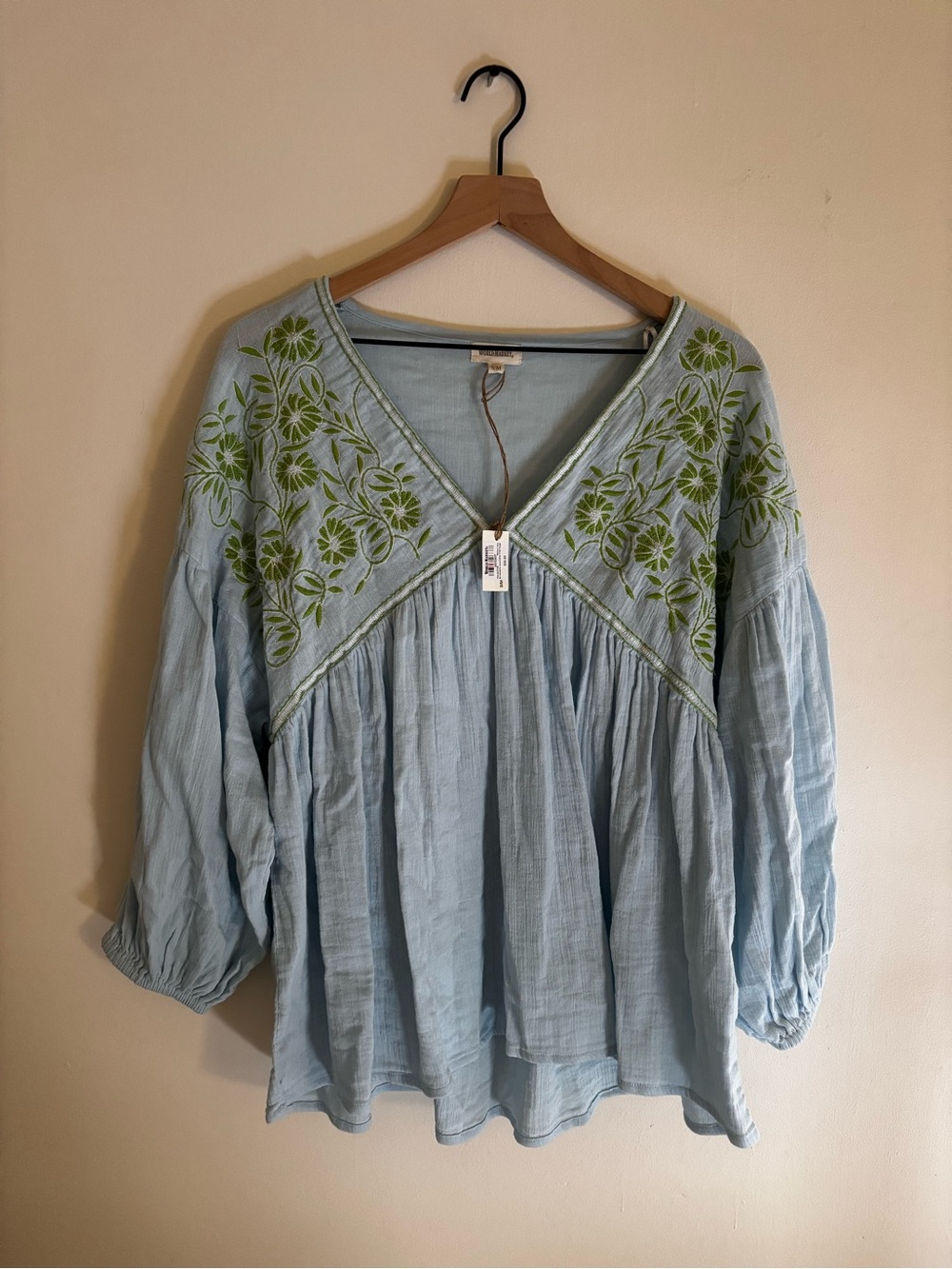 Cost Plus World Market Pale Blue Peasant Blouse with Green Floral Embroidery